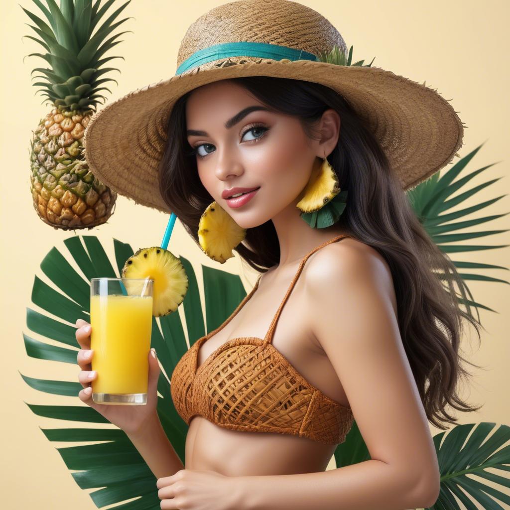 A stunning image of tropical beauty in a straw hat with a pineapple drink.