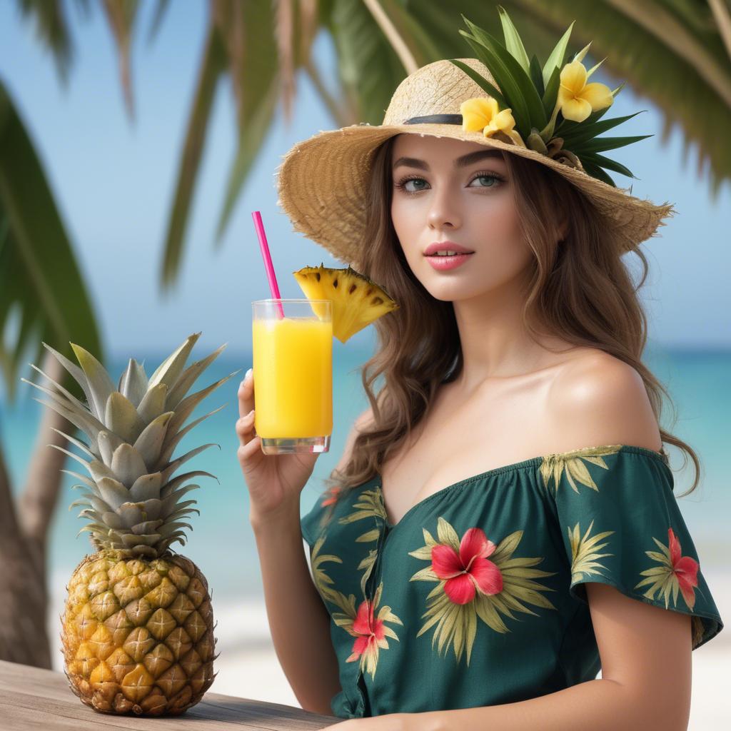 A stunning image of tropical beauty in a straw hat with a pineapple drink.