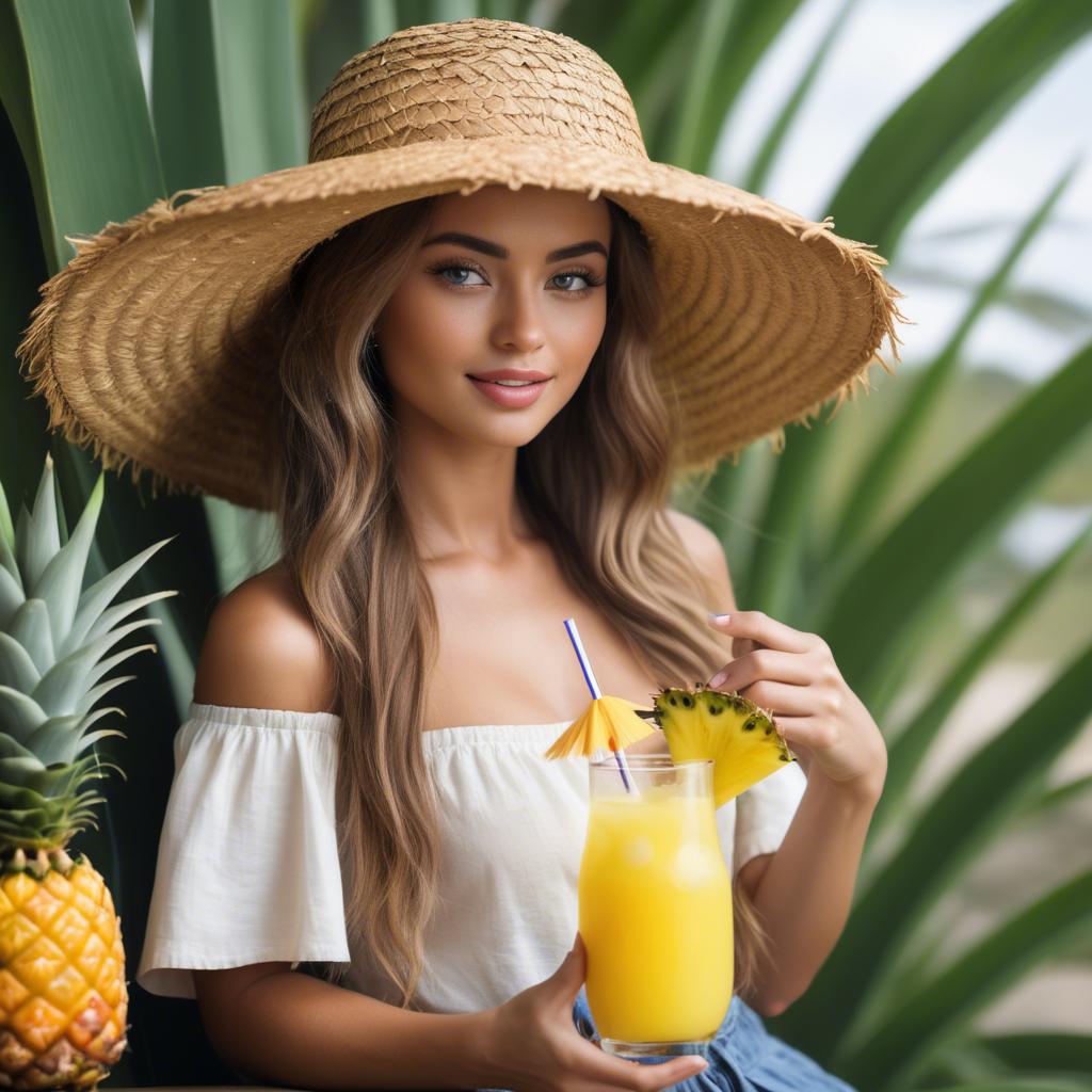 A stunning image of tropical beauty in a straw hat with a pineapple drink.