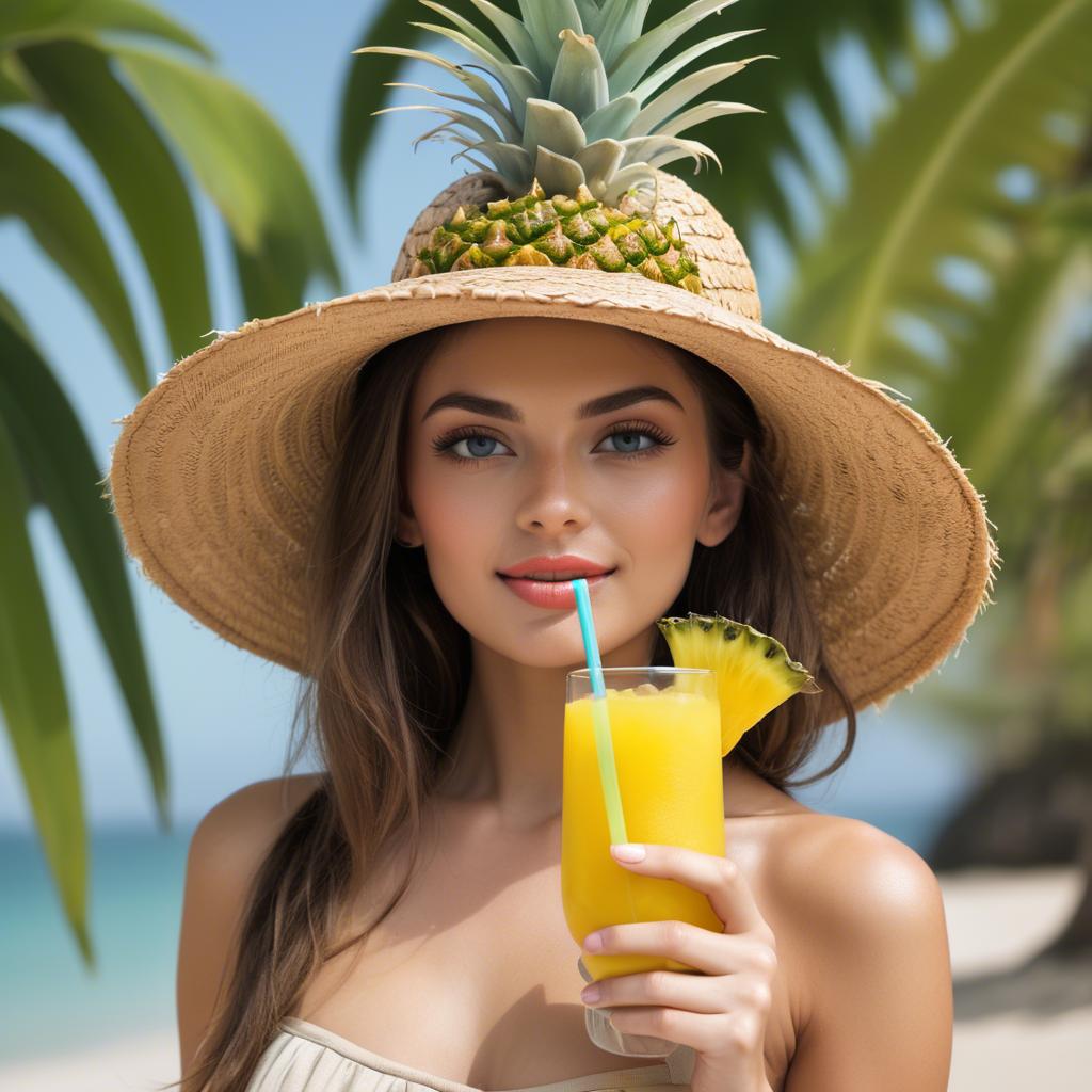 A stunning image of tropical beauty in a straw hat with a pineapple drink.
