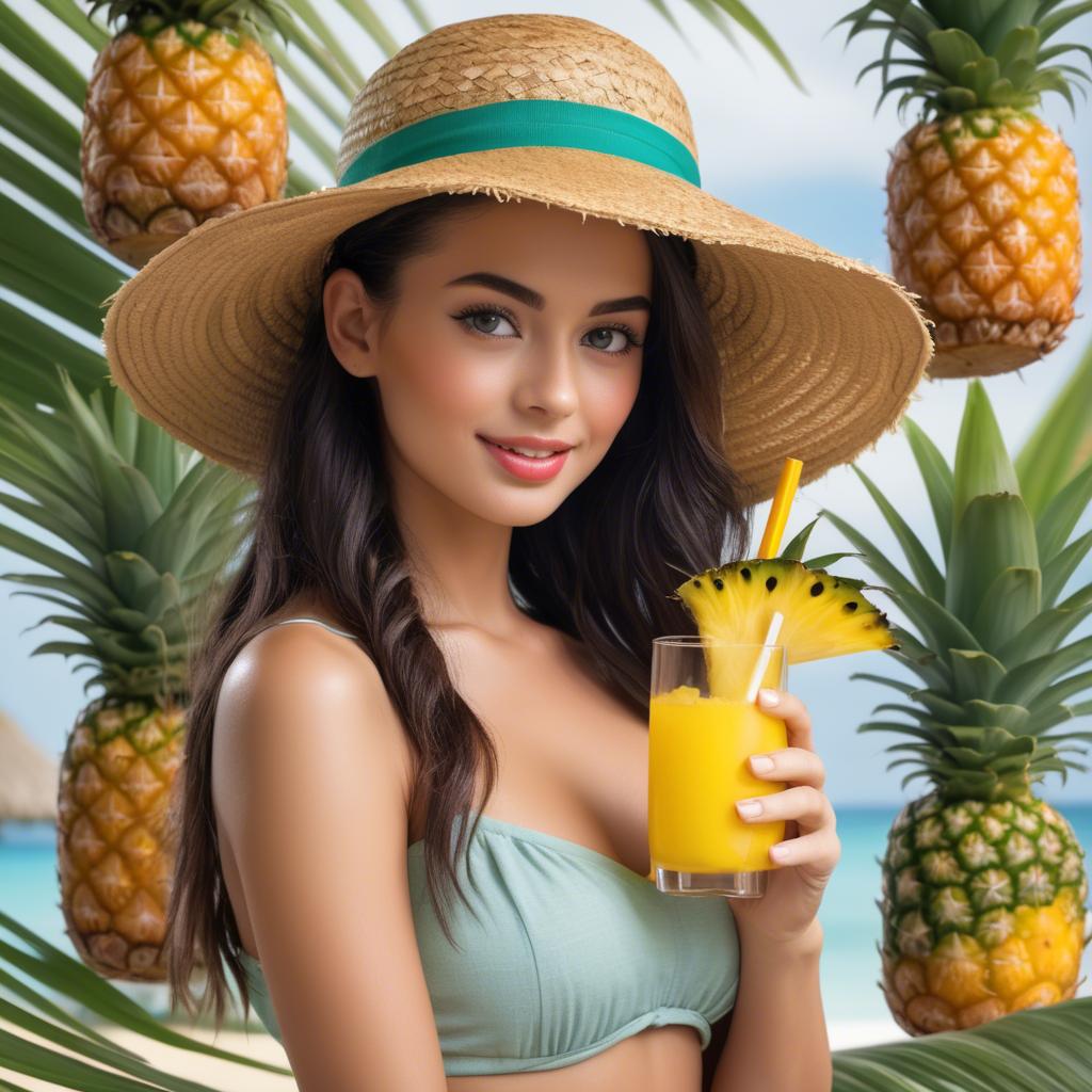 A stunning image of tropical beauty in a straw hat with a pineapple drink.