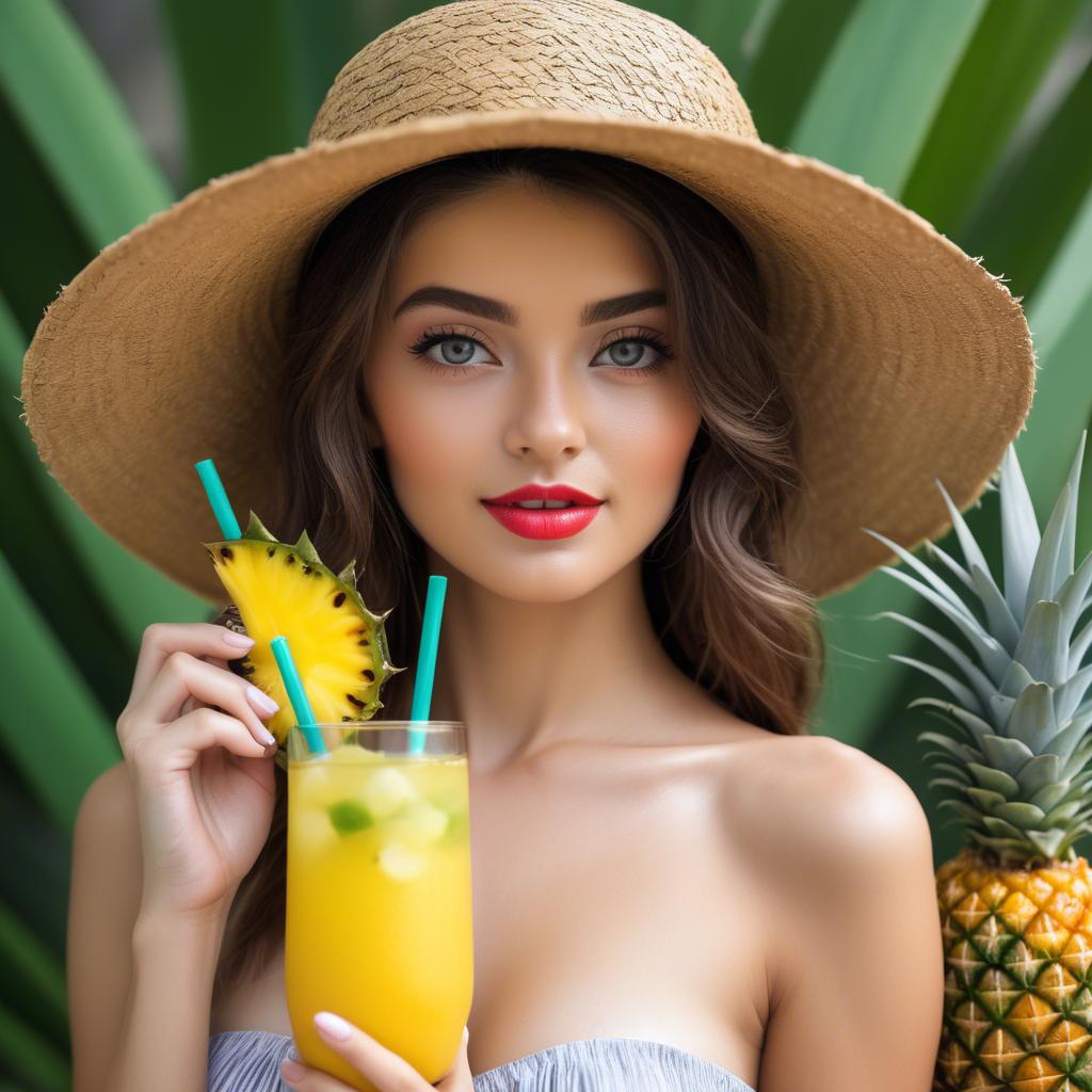 A stunning image of tropical beauty in a straw hat with a pineapple drink.