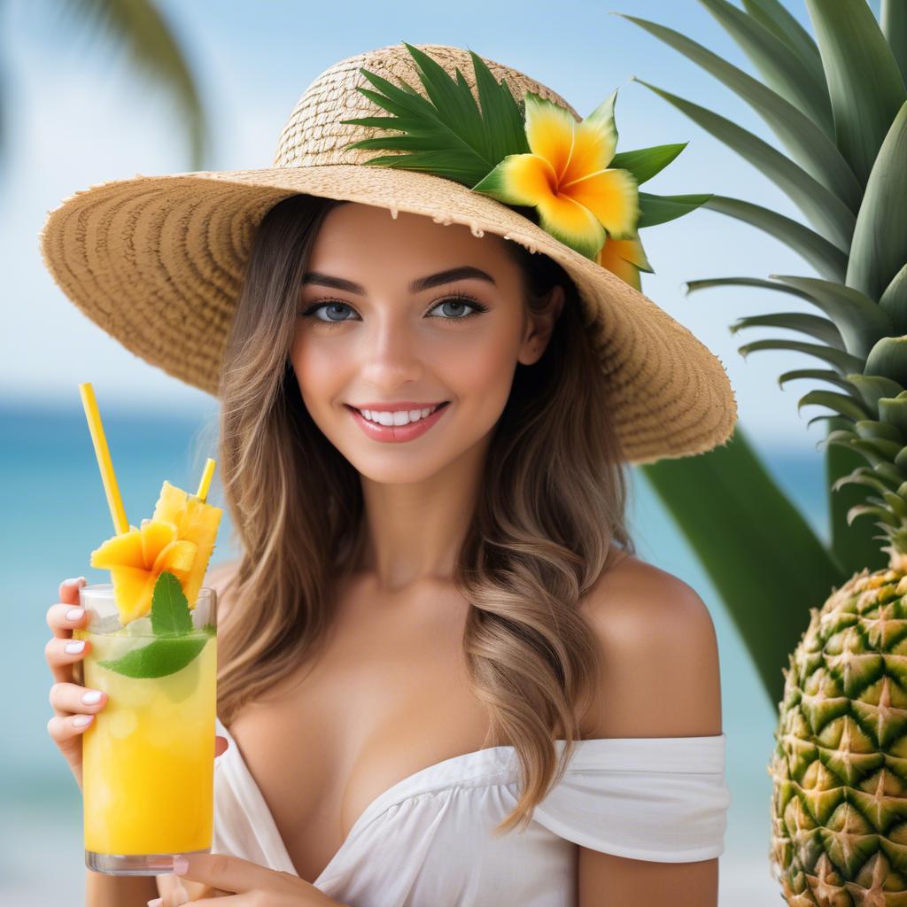 A stunning image of tropical beauty in a straw hat with a pineapple drink.