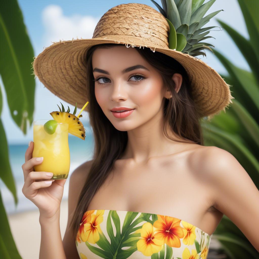 A stunning image of tropical beauty in a straw hat with a pineapple drink.