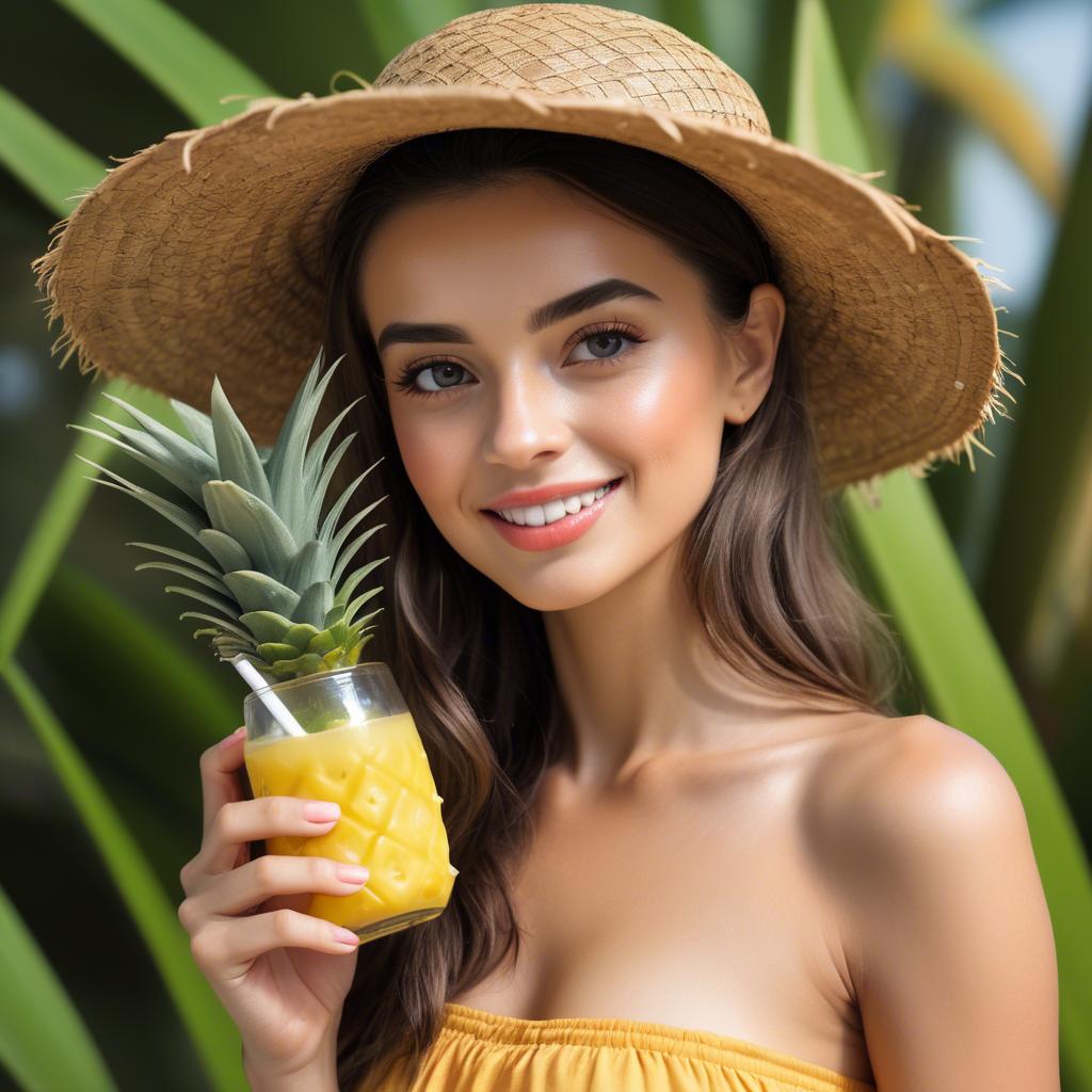 A stunning image of tropical beauty in a straw hat with a pineapple drink.