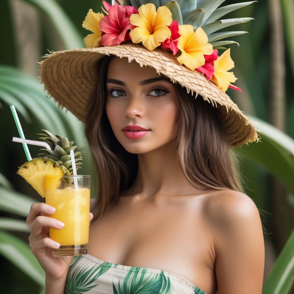 A stunning image of tropical beauty in a straw hat with a pineapple drink.