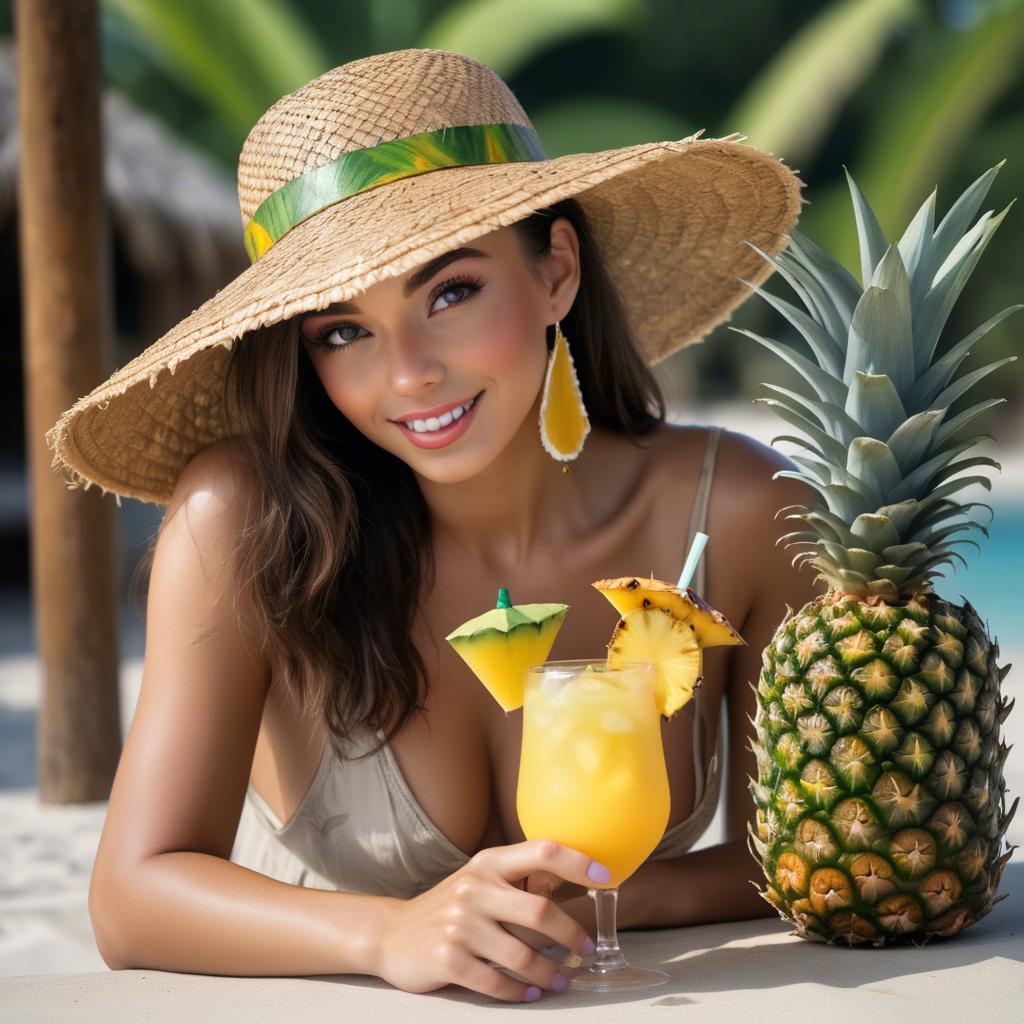 A stunning image of tropical beauty in a straw hat with a pineapple drink.