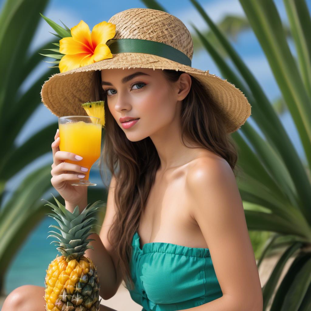 A stunning image of tropical beauty in a straw hat with a pineapple drink.