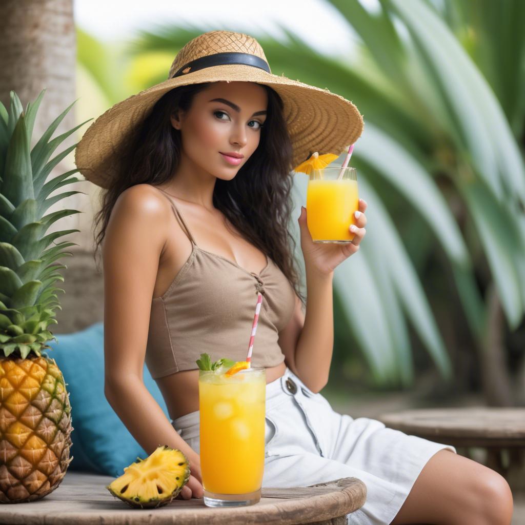 A stunning image of tropical beauty in a straw hat with a pineapple drink.