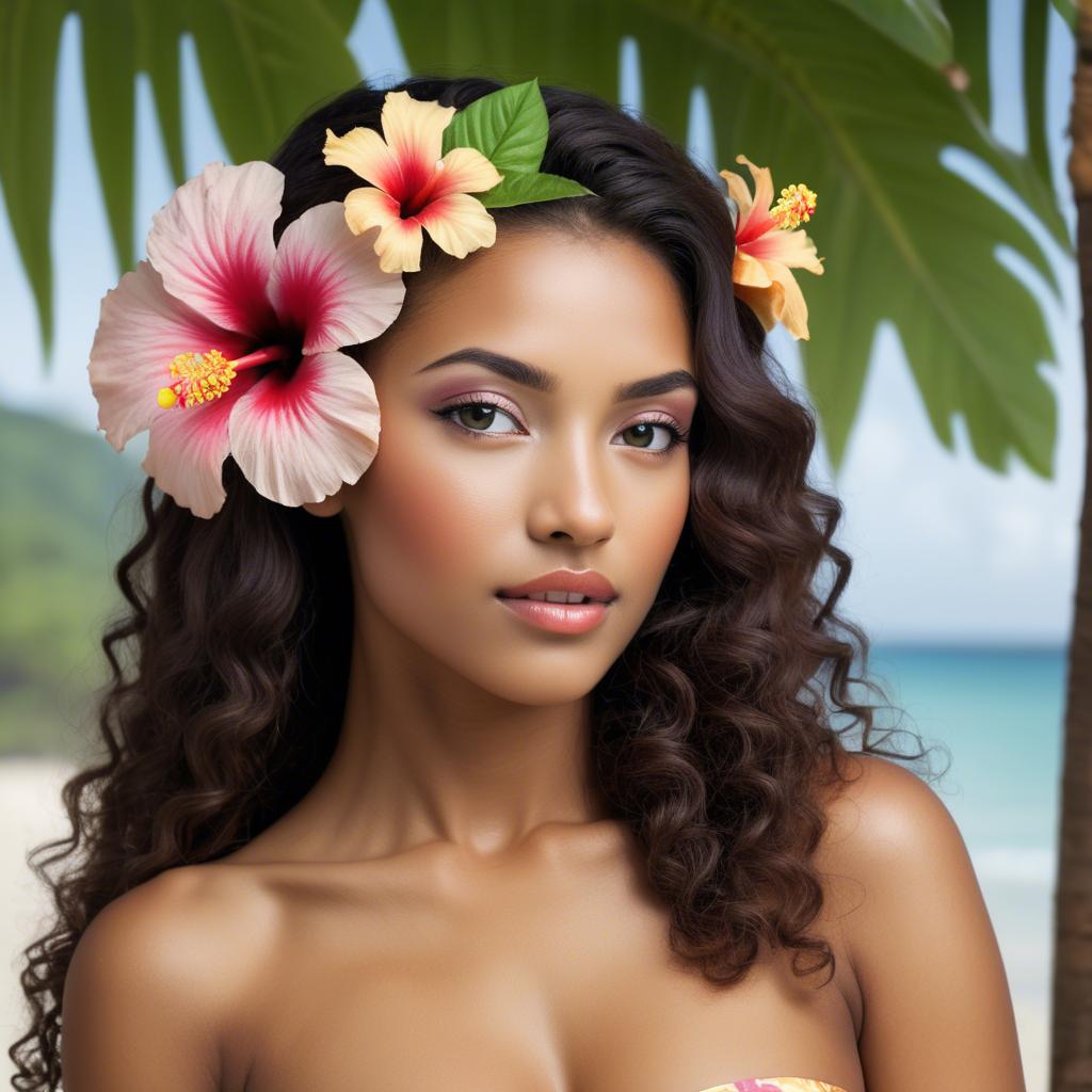 A stunning image of tropical beauty with a hibiscus flower in her hair.