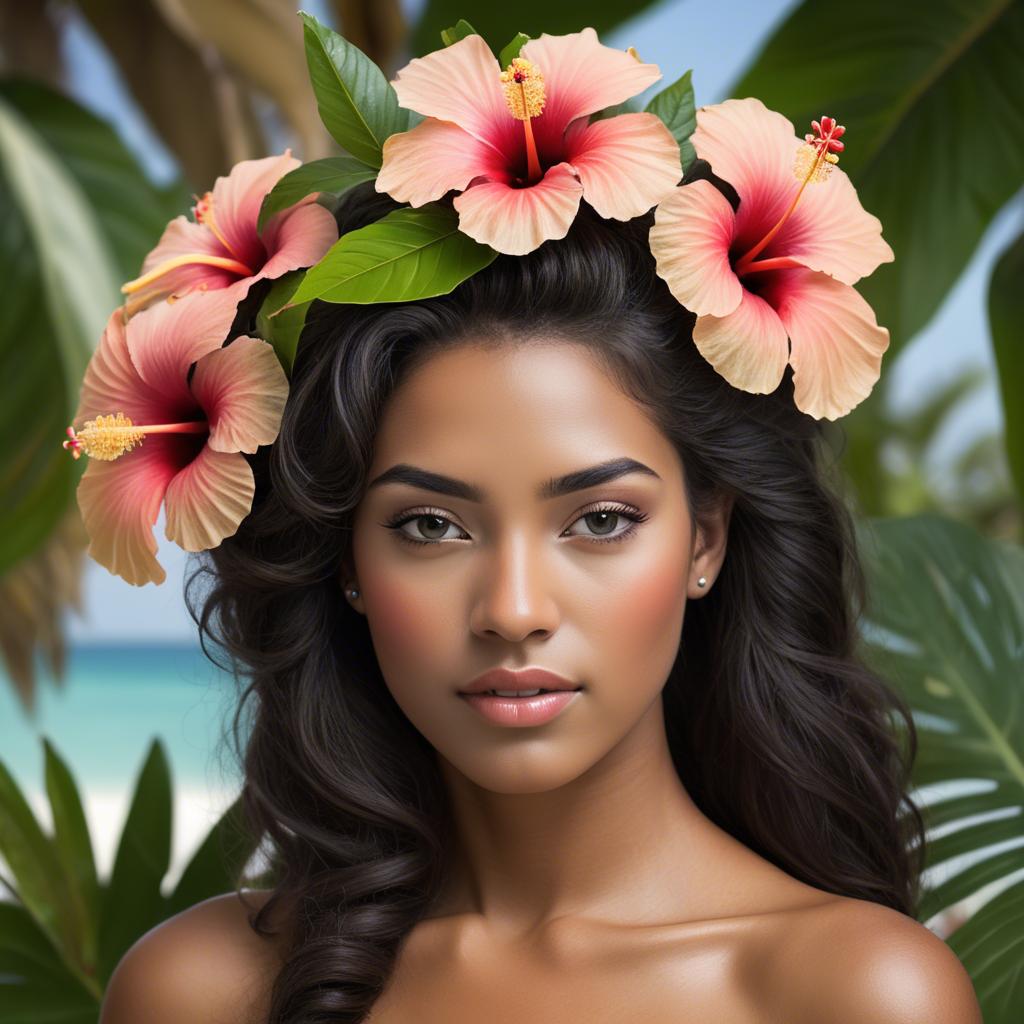 A stunning image of tropical beauty with a hibiscus flower in her hair.
