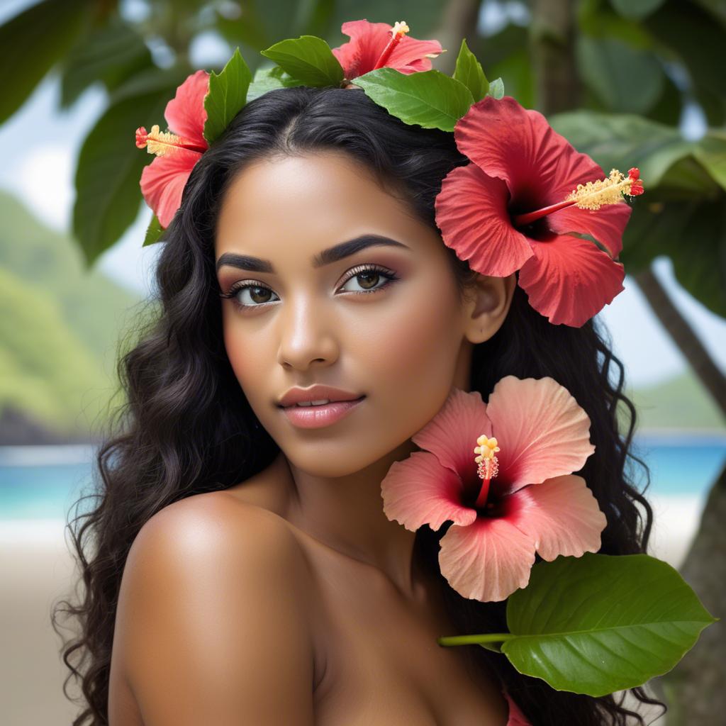 A stunning image of tropical beauty with a hibiscus flower in her hair.