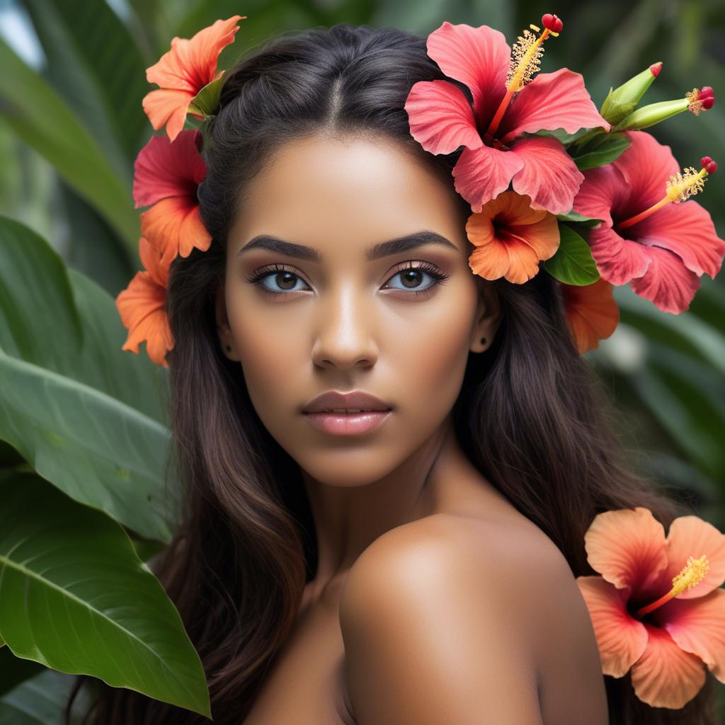 A stunning image of tropical beauty with a hibiscus flower in her hair.