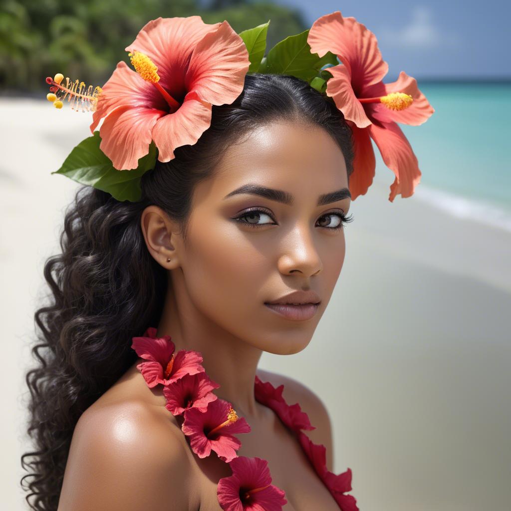 A stunning image of tropical beauty with a hibiscus flower in her hair.
