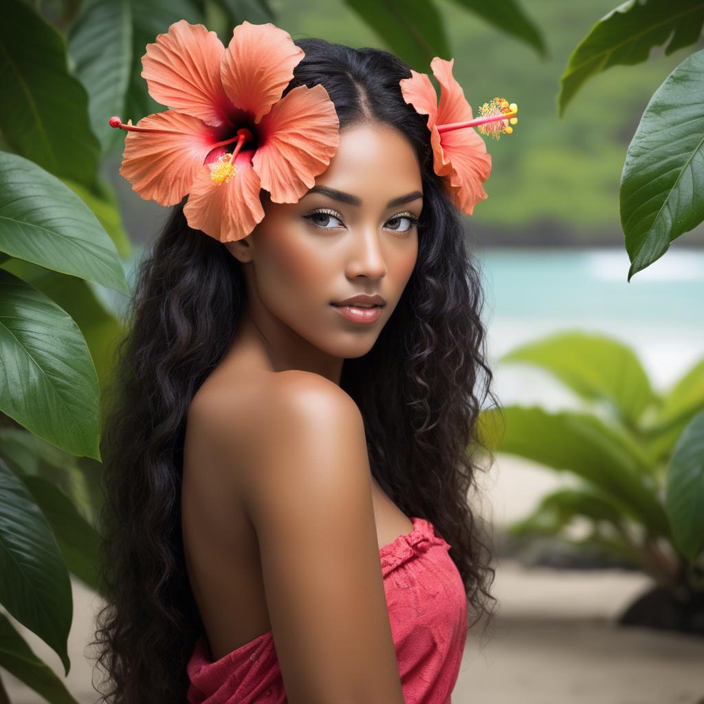 A stunning image of tropical beauty with a hibiscus flower in her hair.