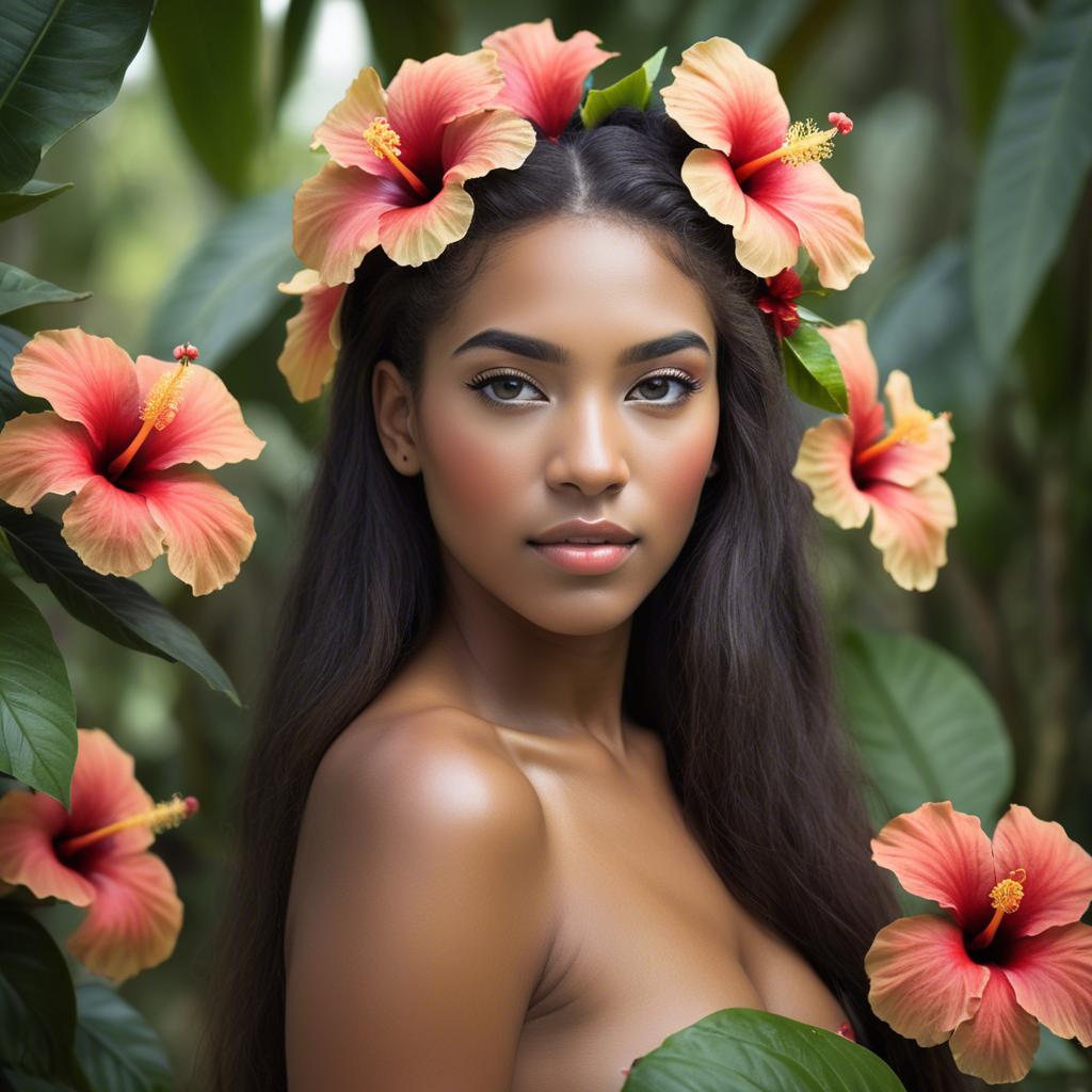 A stunning image of tropical beauty with a hibiscus flower in her hair.
