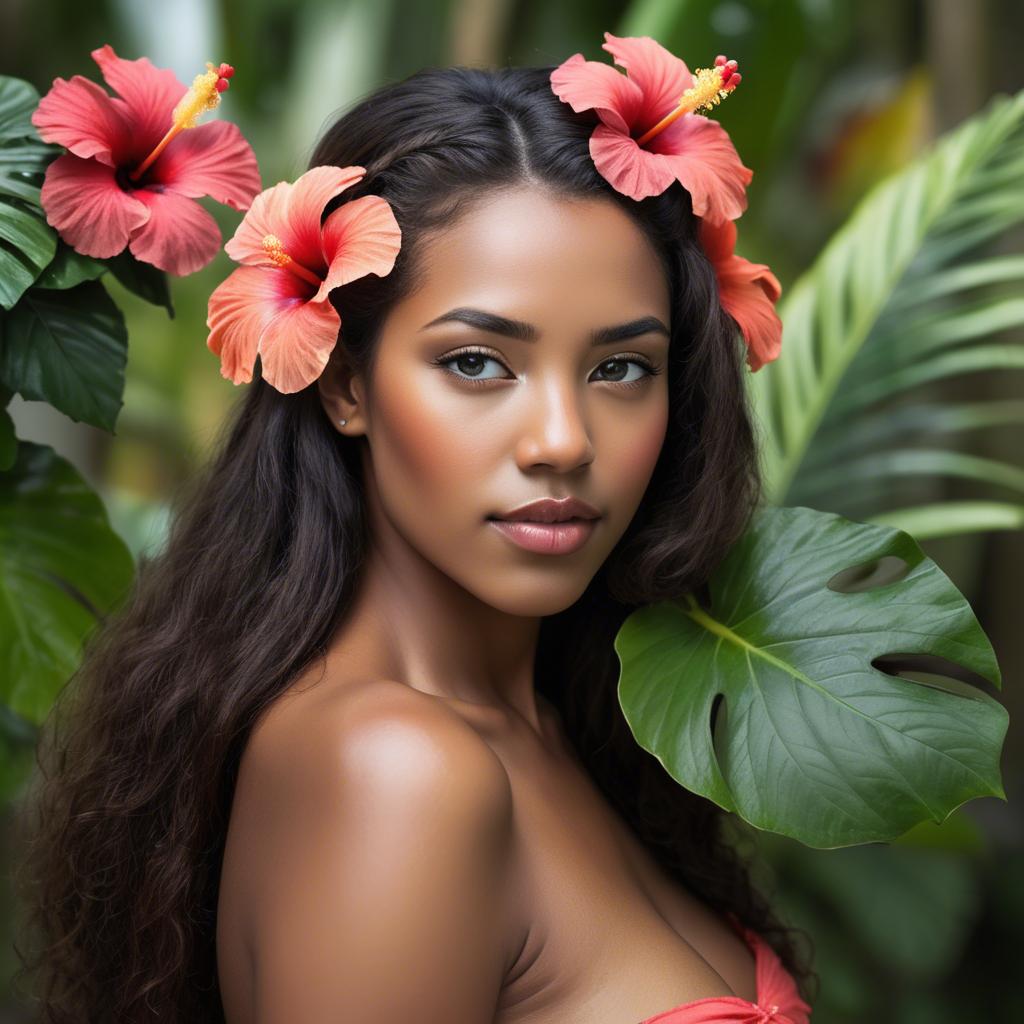 A stunning image of tropical beauty with a hibiscus flower in her hair.