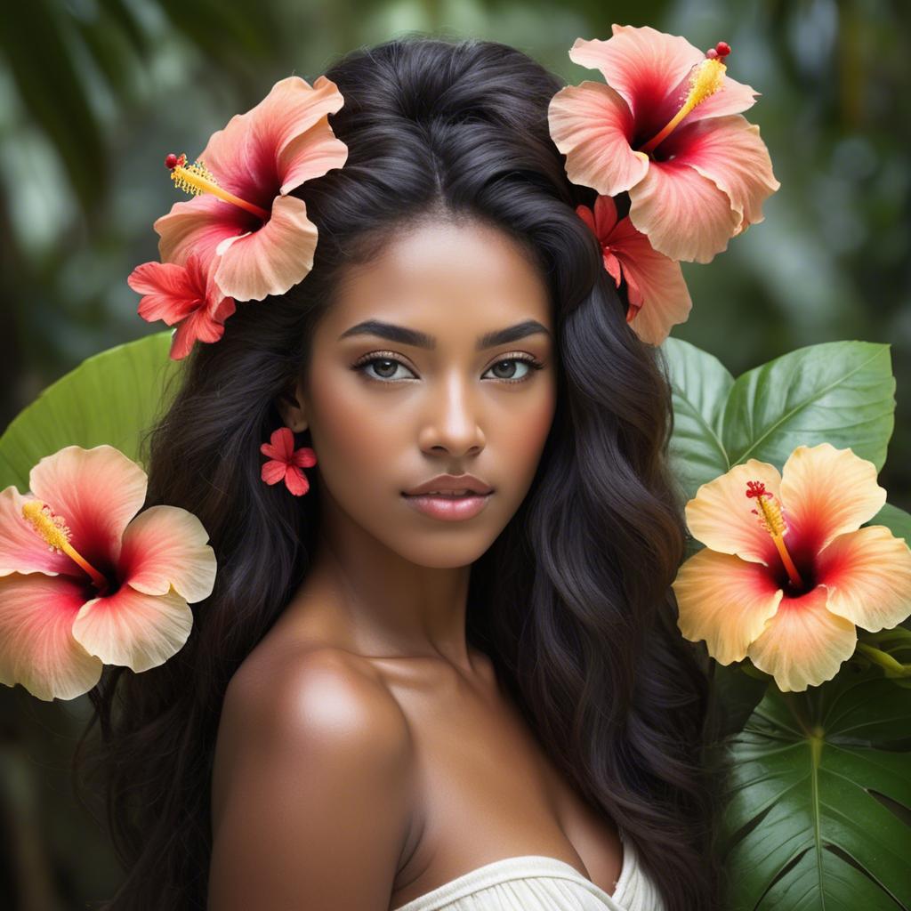 A stunning image of tropical beauty with a hibiscus flower in her hair.