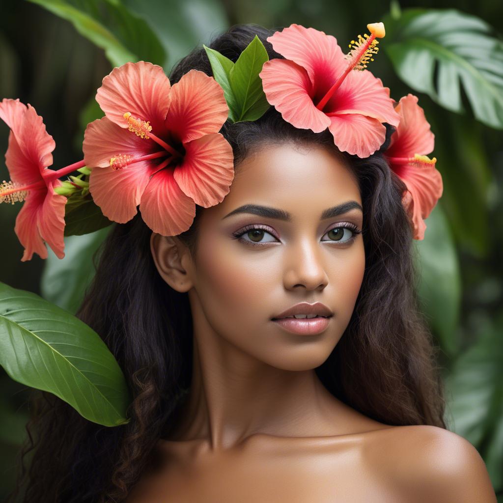 A stunning image of tropical beauty with a hibiscus flower in her hair.