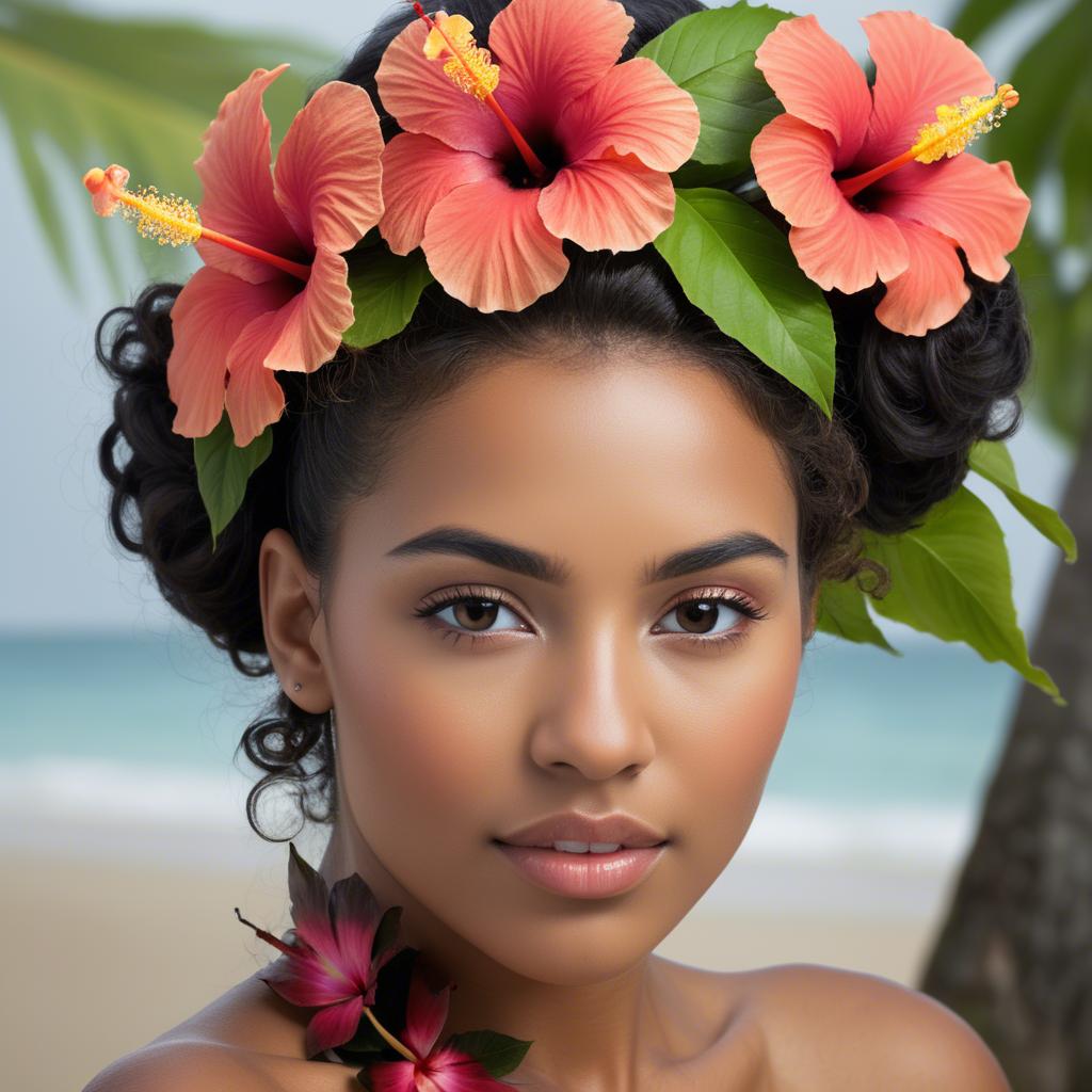 A stunning image of tropical beauty with a hibiscus flower in her hair.