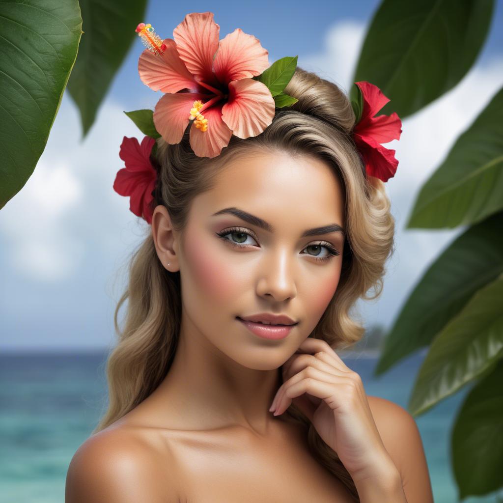 A stunning image of tropical beauty with a hibiscus flower in her hair.