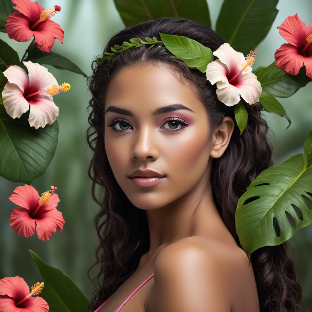 A stunning image of tropical beauty with a hibiscus flower in her hair.