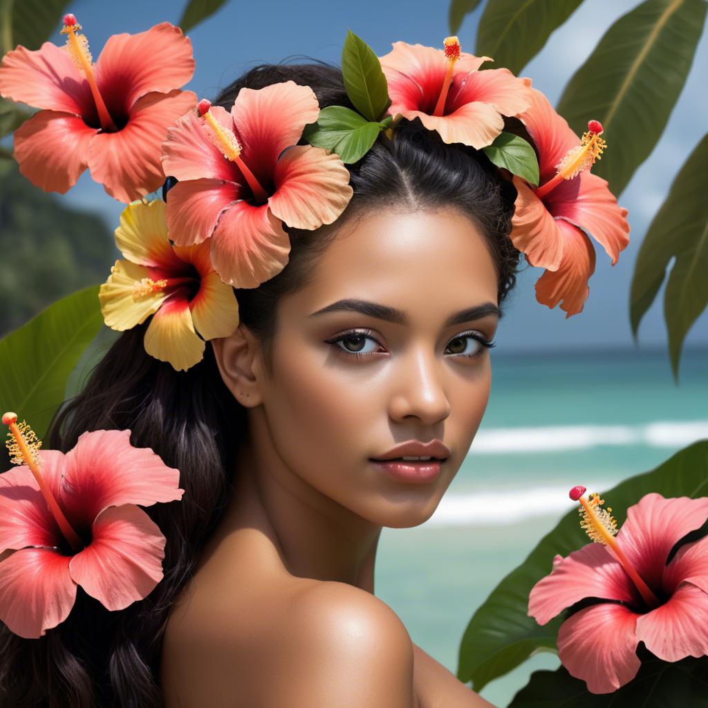 A stunning image of tropical beauty with a hibiscus flower in her hair.