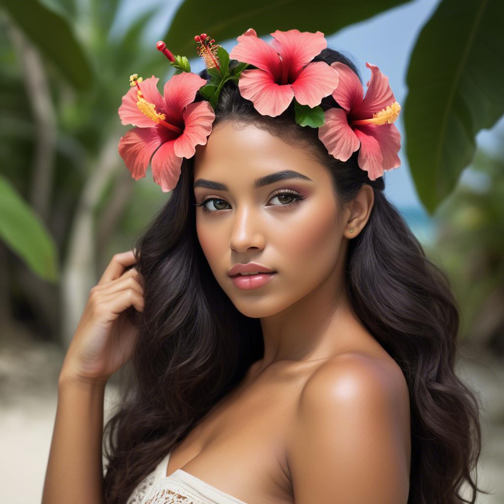 A stunning image of tropical beauty with a hibiscus flower in her hair.