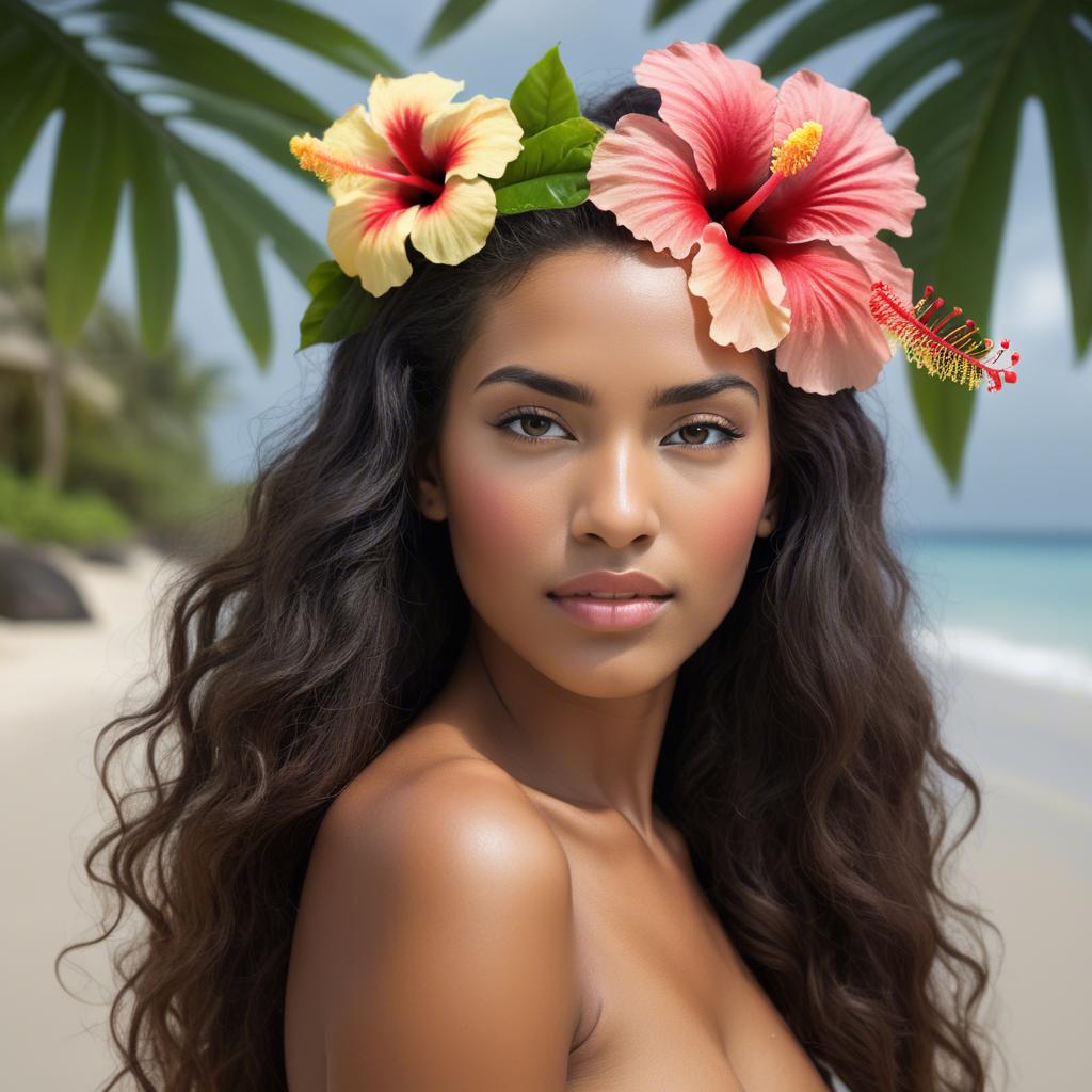 A stunning image of tropical beauty with a hibiscus flower in her hair.