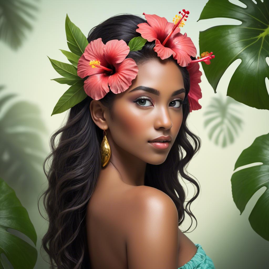A stunning image of tropical beauty with a hibiscus flower in her hair.
