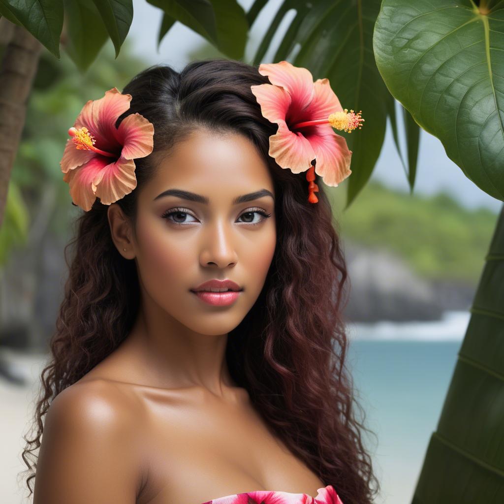 A stunning image of tropical beauty with a hibiscus flower in her hair.