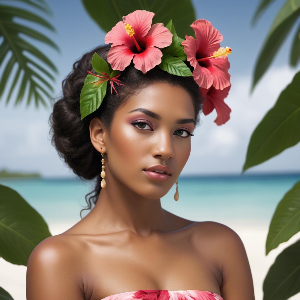 A stunning image of tropical beauty with a hibiscus flower in her hair.