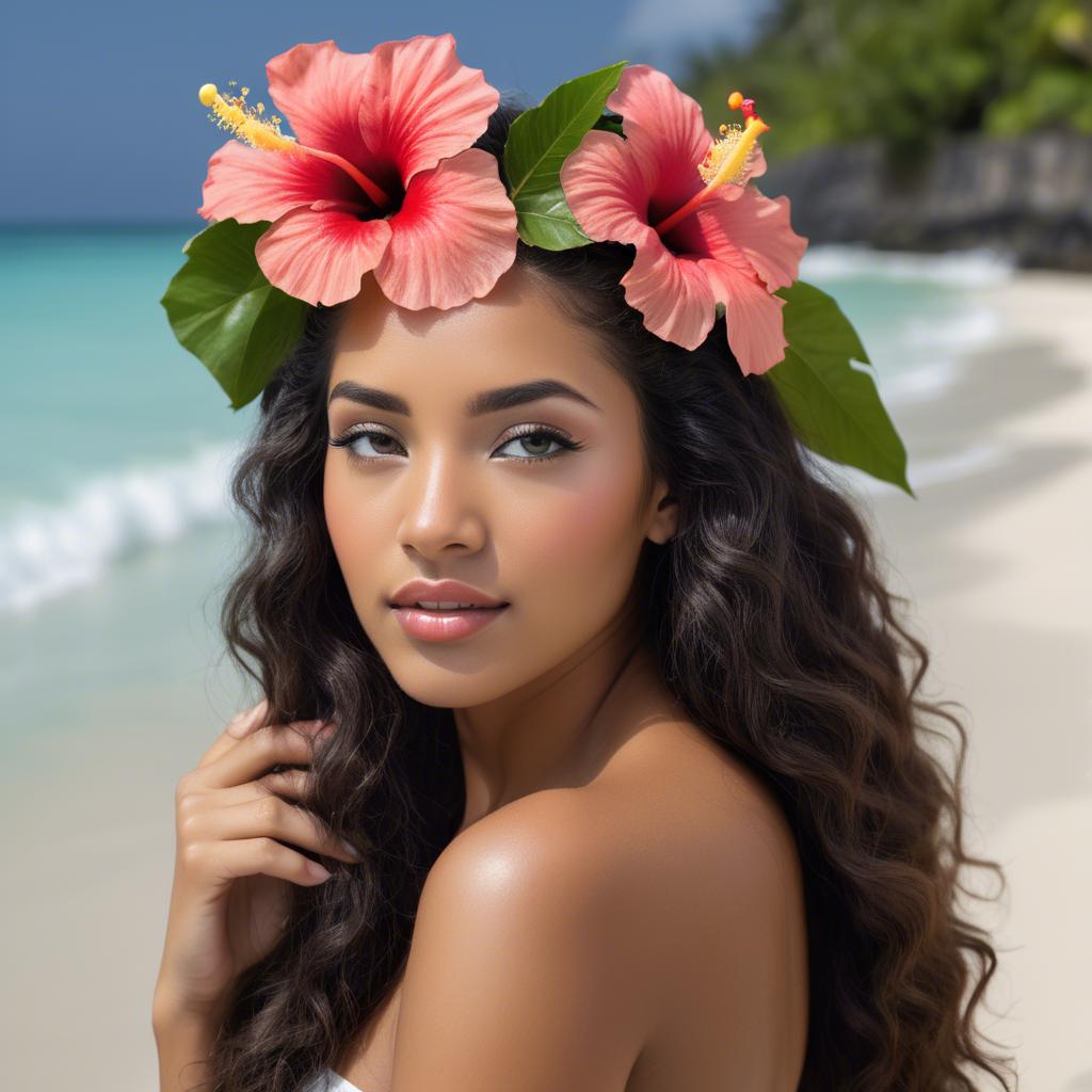 A stunning image of tropical beauty with a hibiscus flower in her hair.