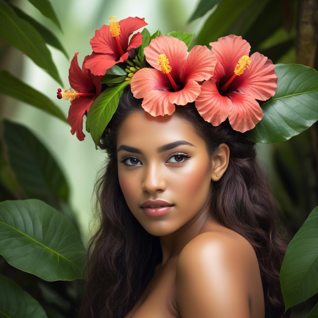 A stunning image of tropical beauty with a hibiscus flower in her hair.