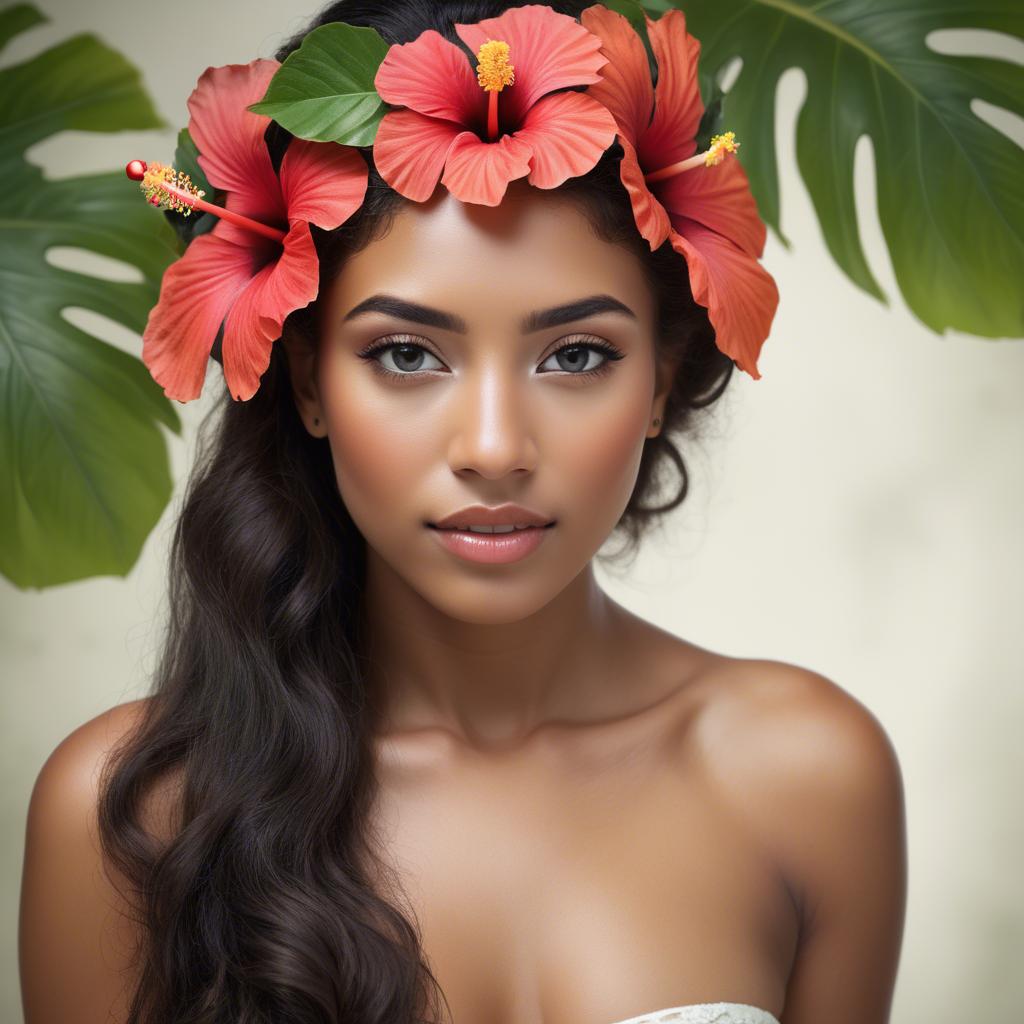 A stunning image of tropical beauty with a hibiscus flower in her hair.