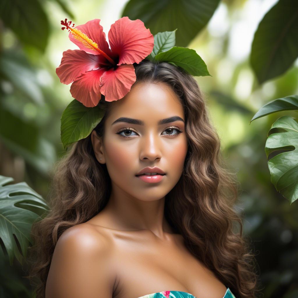 A stunning image of tropical beauty with a hibiscus flower in her hair.