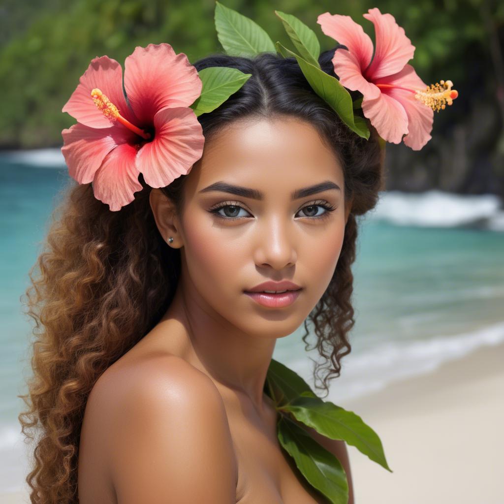 A stunning image of tropical beauty with a hibiscus flower in her hair.