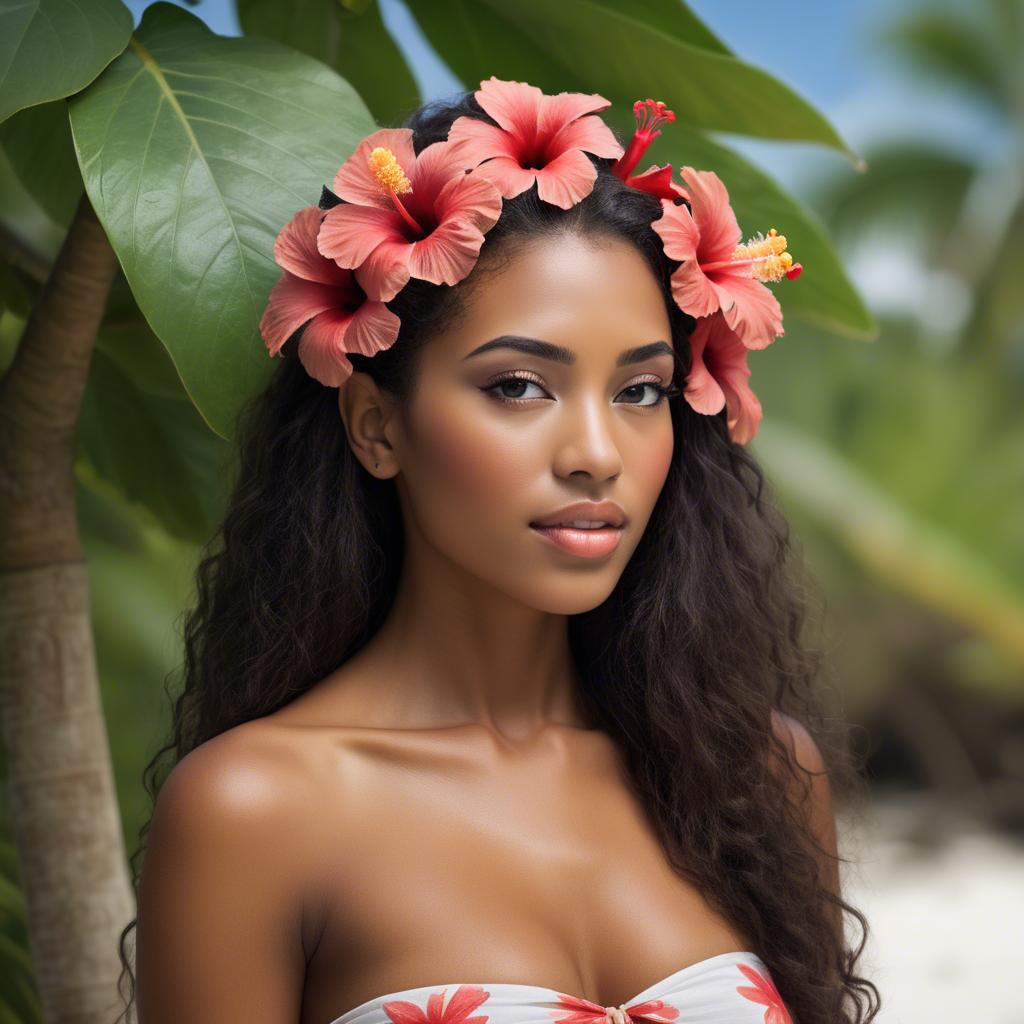A stunning image of tropical beauty with a hibiscus flower in her hair.