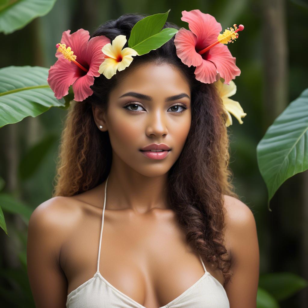 A stunning image of tropical beauty with a hibiscus flower in her hair.