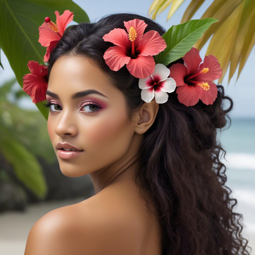 A stunning image of tropical beauty with a hibiscus flower in her hair.