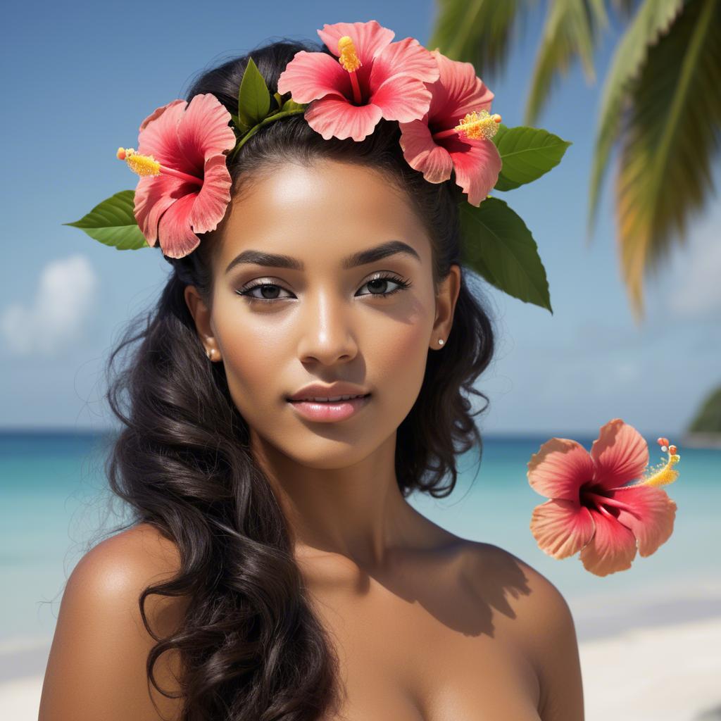 A stunning image of tropical beauty with a hibiscus flower in her hair.