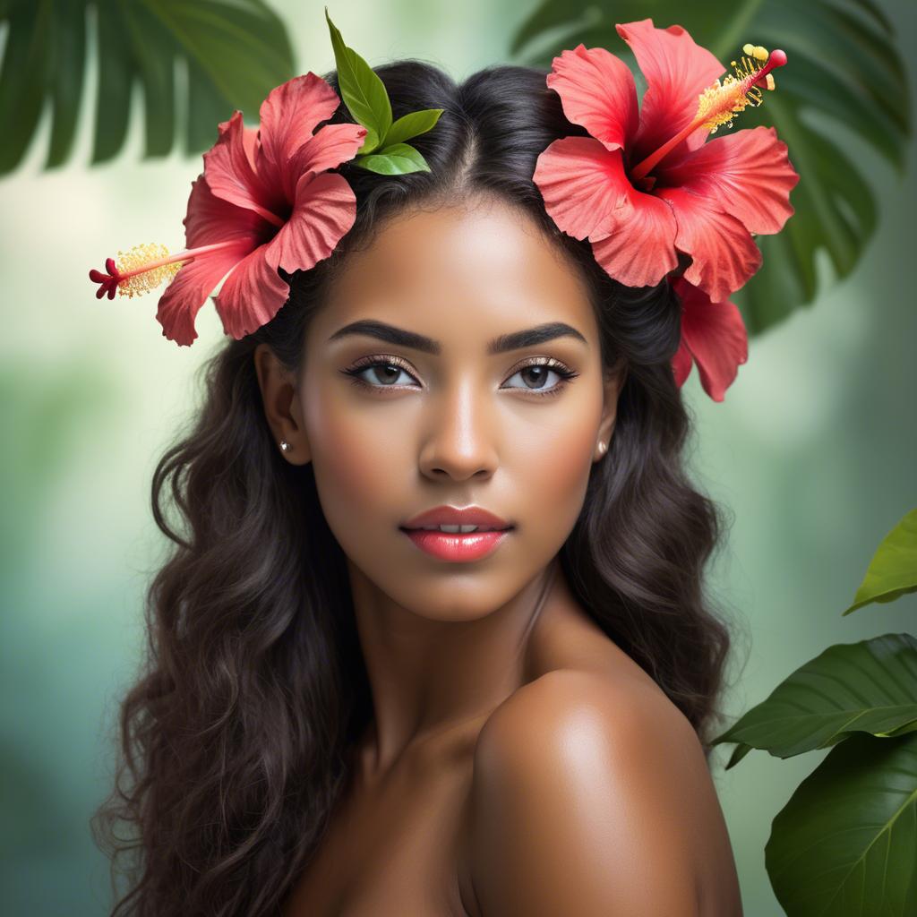 A stunning image of tropical beauty with a hibiscus flower in her hair.