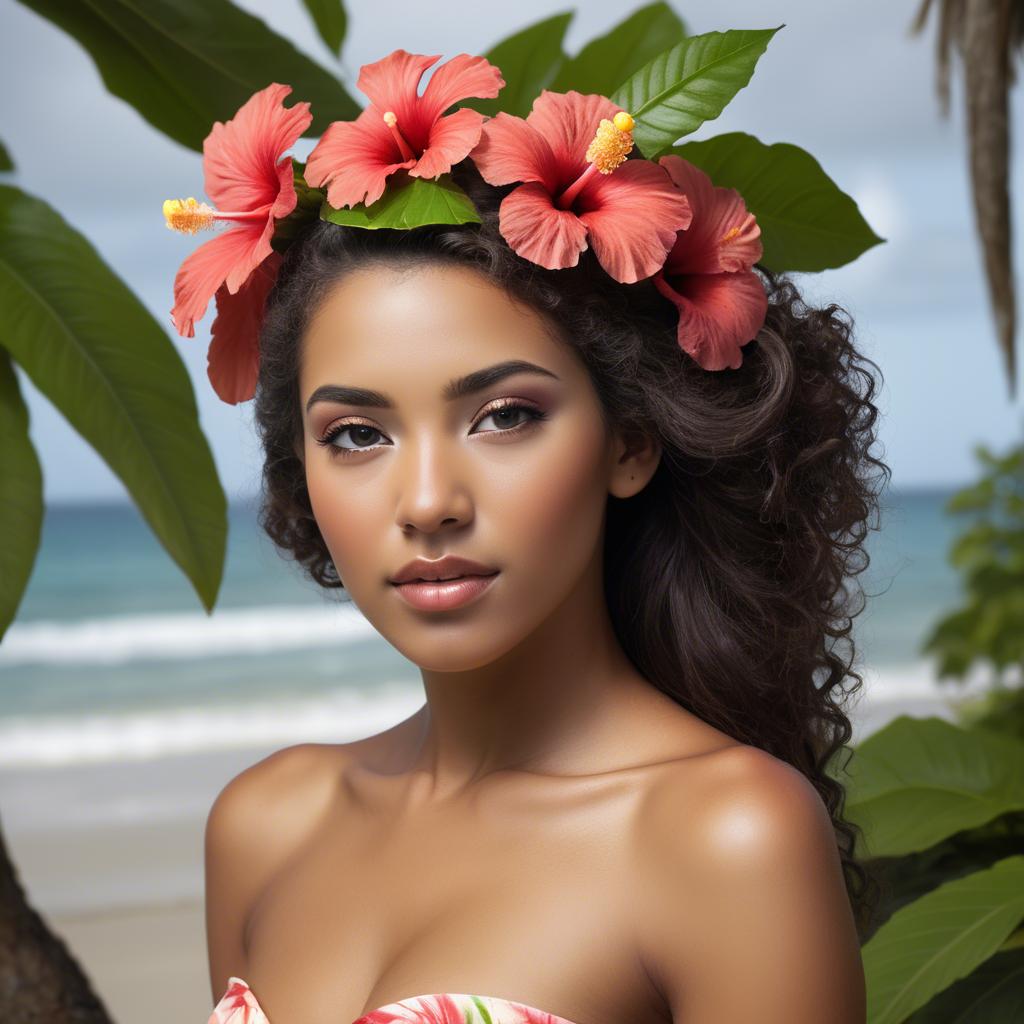 A stunning image of tropical beauty with a hibiscus flower in her hair.