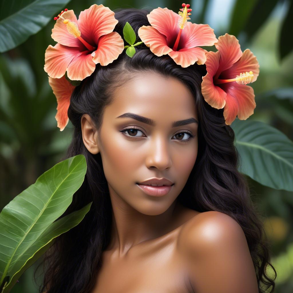 A stunning image of tropical beauty with a hibiscus flower in her hair.