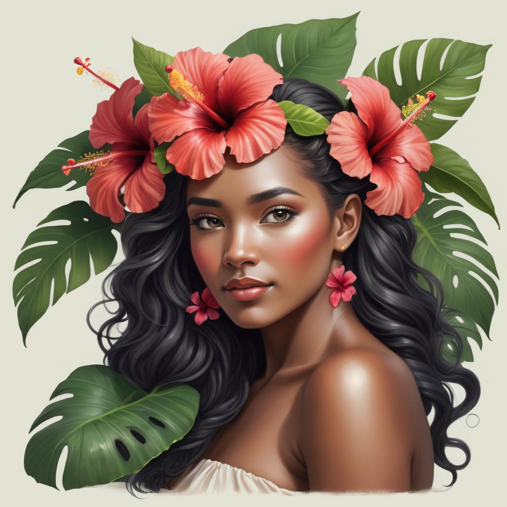 A stunning image of tropical beauty with a hibiscus flower in her hair.