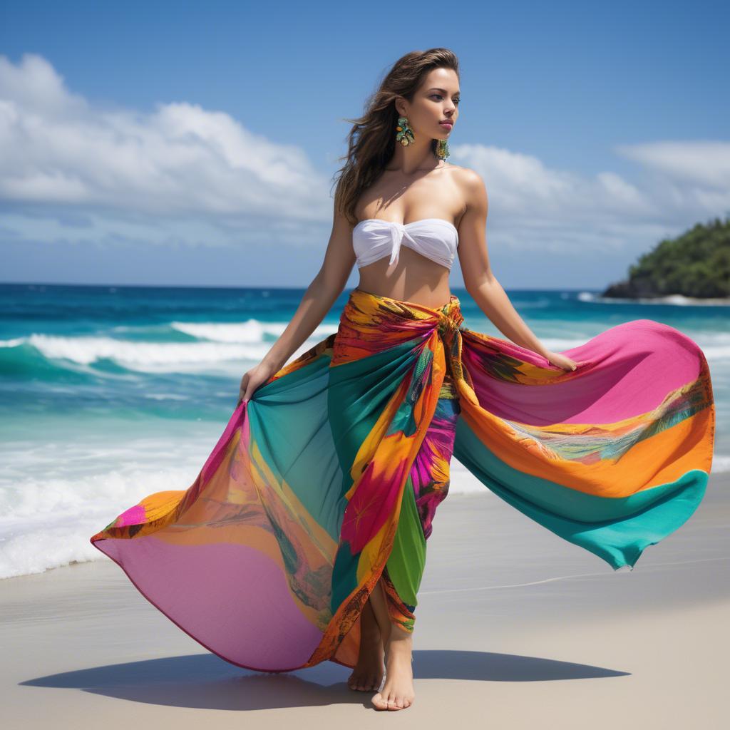 A stunning image of tropical goddess in a colorful sarong by the ocean.
