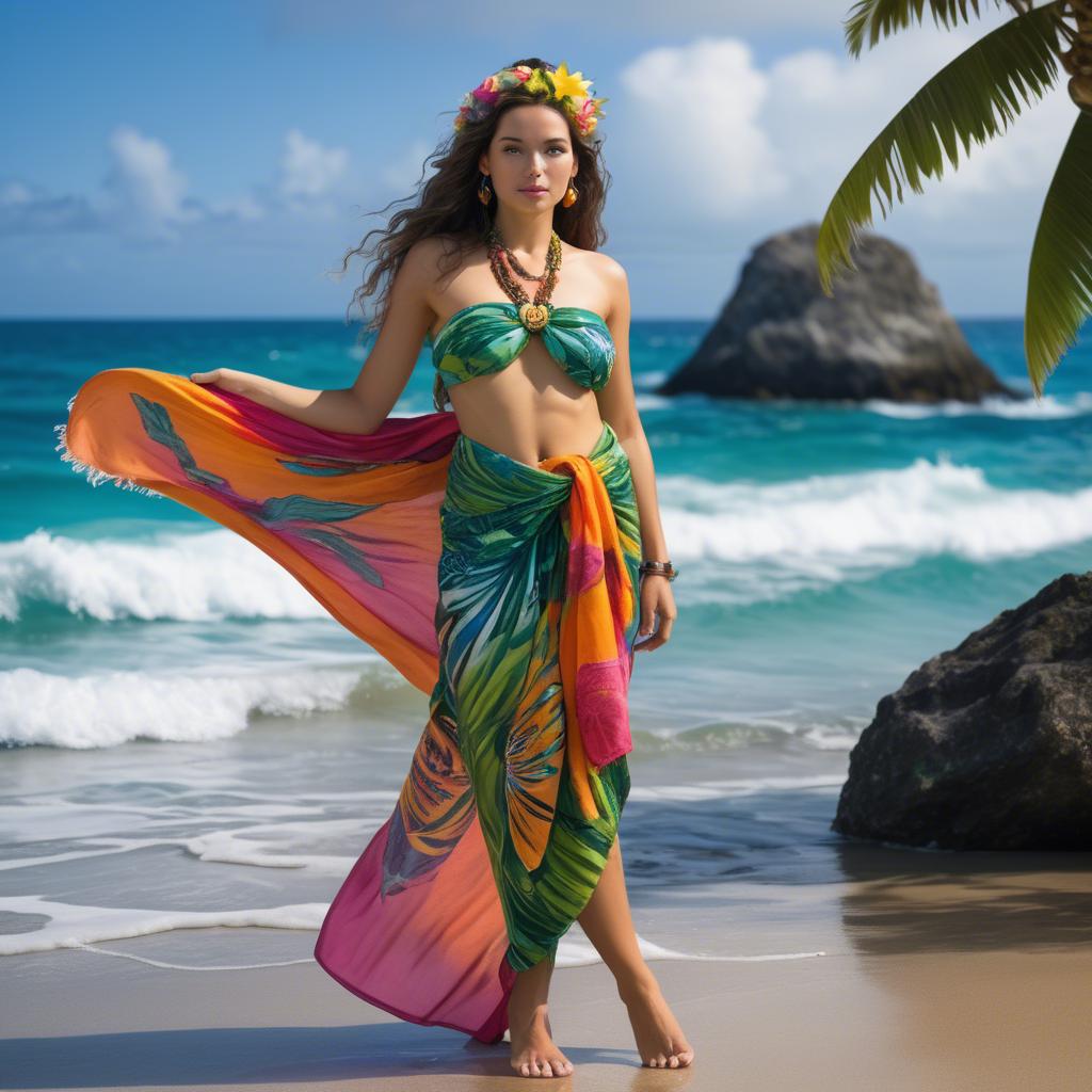 A stunning image of tropical goddess in a colorful sarong by the ocean.
