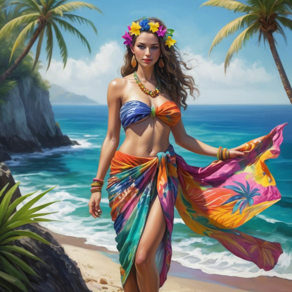 A stunning image of tropical goddess in a colorful sarong by the ocean.