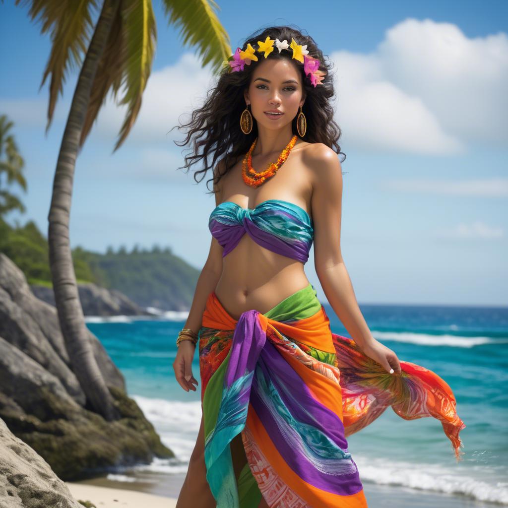 A stunning image of tropical goddess in a colorful sarong by the ocean.
