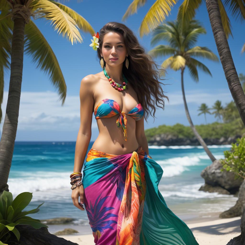 A stunning image of tropical goddess in a colorful sarong by the ocean.